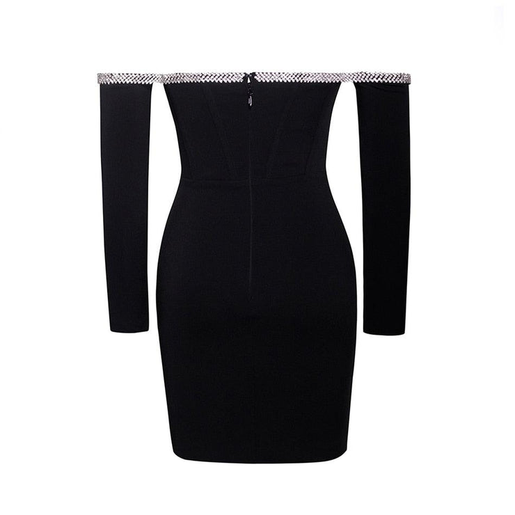 Shine Shoulder Long Sleeve Diamond  Dress - Black - MALVI PARIS