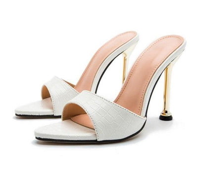 Siara High Heels Slippers Sandals- White - MALVI PARIS