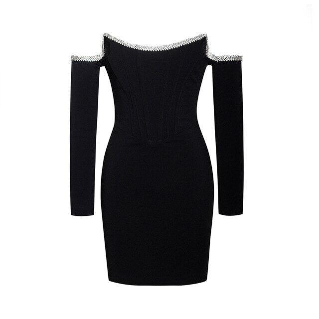 Shine Shoulder Long Sleeve Diamond  Dress - Black - MALVI PARIS