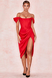 LORETTA SATIN OFF SHOULDER DRESS - Red - MALVI PARIS
