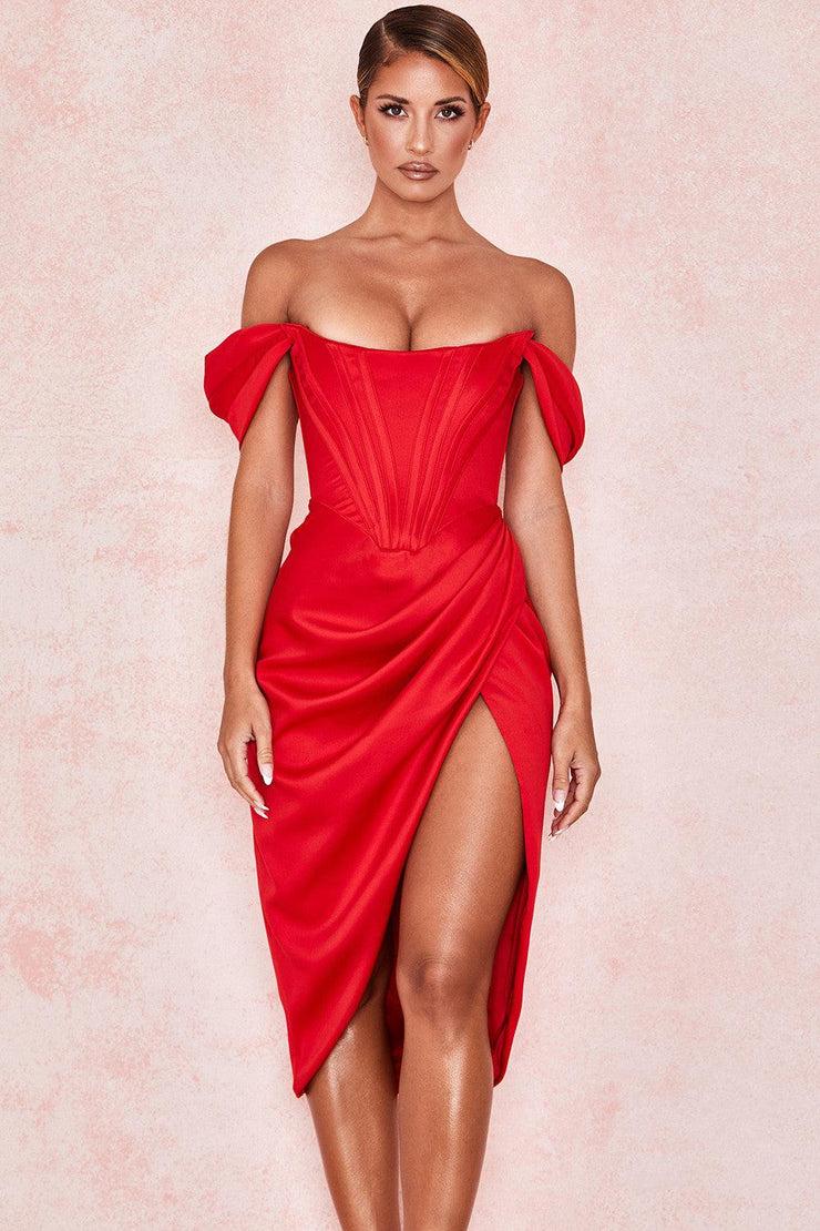 Booma Red Off Shoulder Mini Cocktail Dresses Ruffles Satin Column Sexy  Clubbing Dress Ruched Above Knee